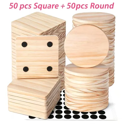 Image de Kit de cales - 100 pièces - 50 rondes, 50 carrées - Bois de pin naturel - 10 cm - Non traité - Patins antidérapants