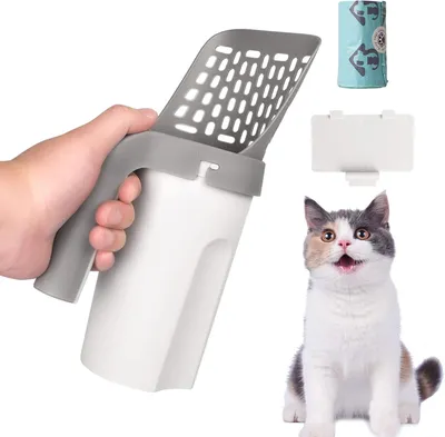 Produktbild von 2-in-1 Katzenstreuschaufel mit Mülleimer & Beutelspender, Grau, 28,5 cm