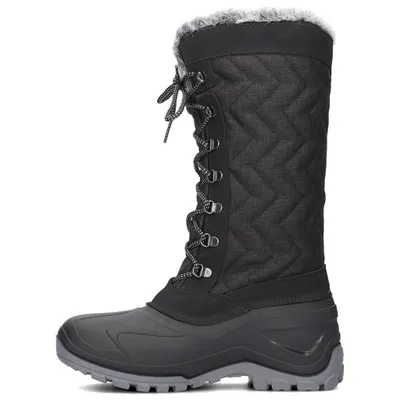 A single black winter boot shown from the side against a white background.