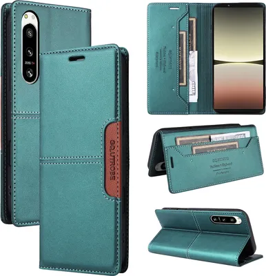 A collage of images showing a teal flip wallet phone case for a Sony Xperia 5 IV.