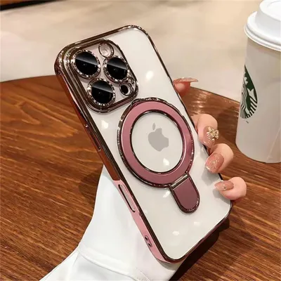 Produktbild von Luxus Case Hülle Für MagSafe mit Halterung Für iPhone 16  Magnetische Ring Ständer Halter klar Acryl Abdeckung. TPU Farbe Pink