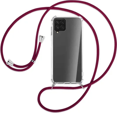 Produktbild von Handykette Backcover-Schutzhülle mit Band (Metall silberfarben) für Samsung Galaxy A22 4G (A225) - dunkelrot