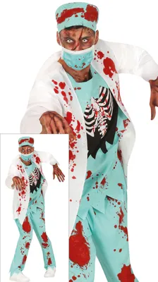 Image de Médecin Zombie Costume d'Halloween Scrubs Sanglant Chirurgien Horreur Déguisement Docteur Spectacle Effrayant Blanc Rouge Vert Ensemble Costume complet Manches Longues Costume Pour Atmosphère de Fête Effrayante Masque Chirurgical Comprend Casquette Pantalon Hanté Hôpital Classique Nouveauté, Taille : 52 - 54 (L) Couleur : Blanc