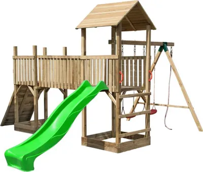 Produktbild von Stelzenhaus-Anlage mit Rutsche, Doppelschaukel und Kletterwand "Wild Park"