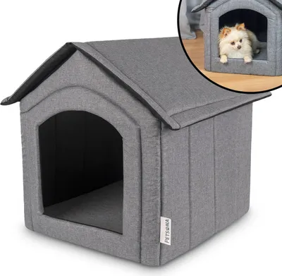 A gray fabric dog house with an arched entrance.