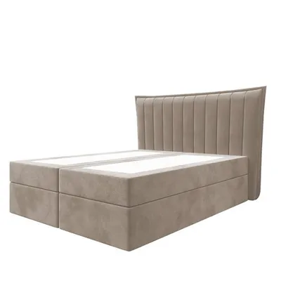 A modern upholstered bed frame with a tall, fluted headboard and two box spring bases, presented against a white background.