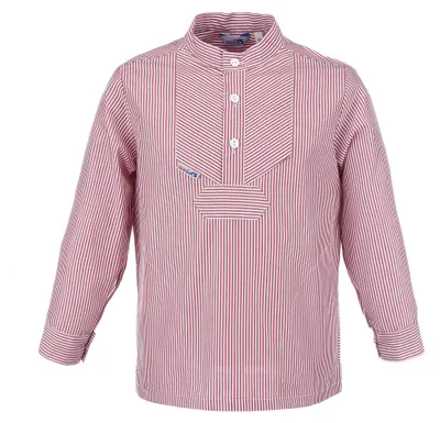 Produktbild von modAS Kinder Fischerhemd Sommer Langarm-Shirt mit Stehkragen - Gestreiftes Hemd im Finkenwerder-Stil in Rot-Weiß Größe 134