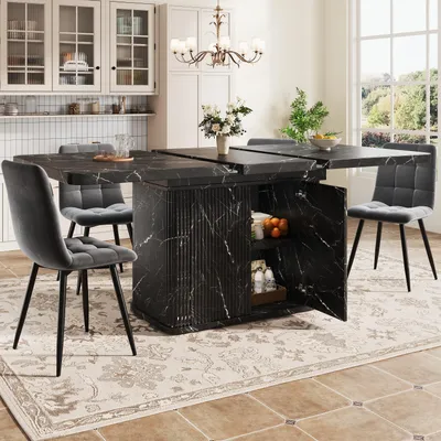 Productafbeelding van Flieks eethoekset met uitschuifbare eettafel en 4 fluwelen stoelen, tafel 140-180 cm met verborgen opbergruimte, inklapbaar tafelblad, zwart