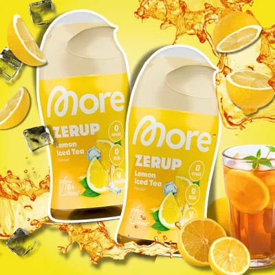 Produktbild von 2× MORE Zerup Zero Sirup Lemon Iced Tea Getränkesirup ohne Zucker mit Schwarztee-Extrakt | 2 × 65 ml + Heartforcards® Versandschutz