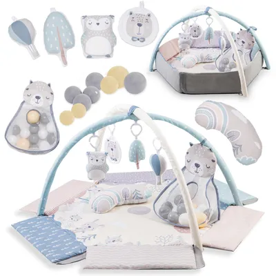 Produktbild von MoMi PASTEL Lernmatte Baby Matte - 5 Spielzeuge mit 30 sensorischen Bällen, 2 Spielzeugstangen, Sensorische Aktivitätsmatte