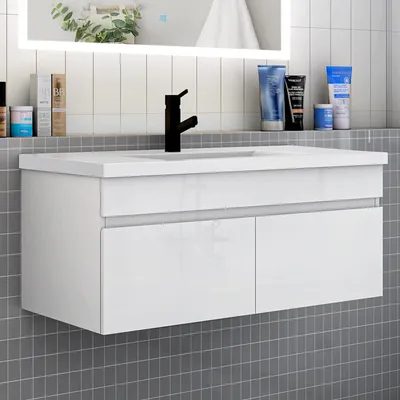 Produktbild von Badmöbel HUTI-Serie 100cm Hochglanz Weiß Mineralguss Waschtisch mit Unterschrank Hängeschrank Badezimmermöbel mit 2 Türen