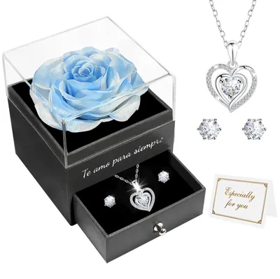 Ewige echte Rose mit Halskette & Ohrringen in Geschenkbox