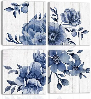 Image de Ibenzoa® : Ensemble de 4 tableaux abstraits modernes représentant des fleurs bleues, sur toile, dimensions 40 x 40 cm. Toile montée sur un cadre en bois robuste, résistante à l'eau et aux UV