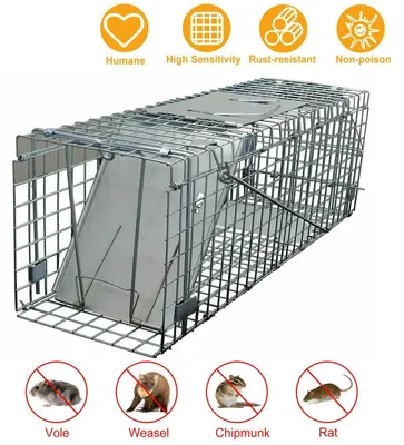 Immagine prodotto di Trappola per animali a gabbia – Trappola pieghevole per catturare topi e ratti vivi – Metallo – 61x19x21 cm – Senza veleno – Adatta per interni ed esterni