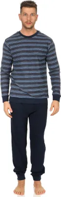 Produktbild von Edler Herren Frottee Schlafanzug lang mit Bündchen Pyjama in Streifenoptik 202 101 13 708 ; marine , 50