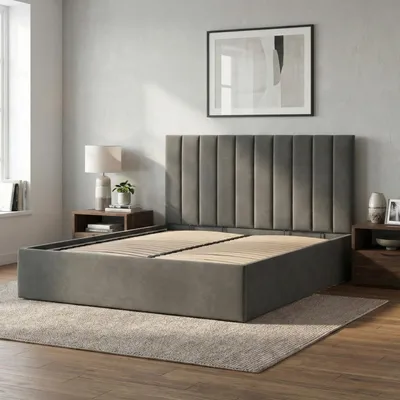 Produktbild von Polsterbett POLLA 160x200 mit Holzlattenrost, Doppelbett ohne Bettkasten, Bettgestell mit gepolstertem Kopfteil Dunkelgrau Samt
