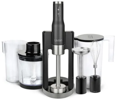 A collection of kitchen appliances, including a hand blender and its accessories, arranged on a white background.