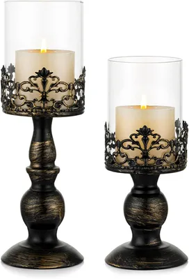 Produktbild von Vintage-Windlichter in Schwarz, Glasfüße auf Metallsockeln, Höhen 27 cm und 33 cm