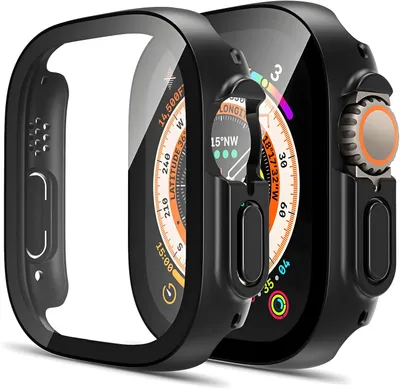 A black protective case for an Apple Watch Ultra is shown with a close-up of the watch face displaying a compass and altitude.