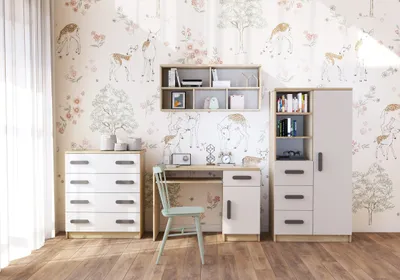 Produktbild von Kinderzimmer-Set Regal Wandregal Kommode Schreibtisch Sonoma/Weiß mit grauen Griffen Jonas I 05