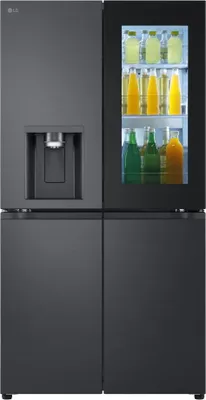 A dark gray LG refrigerator with a glass door displaying drinks.