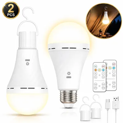 Produktbild von 2er LED Glühbirne USB Rechargeable 2600mAh Lampe mit Fernbedienung,Timing,E26-Sockel&Wiederaufladbare mit Haken für Tischlampe,Pendellampe,Nachtlichte