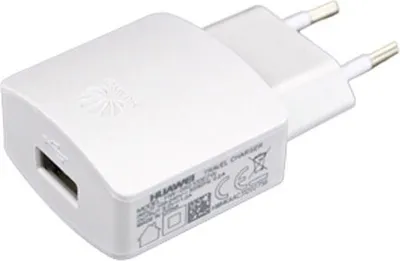 A white Huawei travel charger with a USB port and European plug prongs.