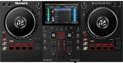 A top-down view of a Numark Mixstream Pro+ DJ controller.