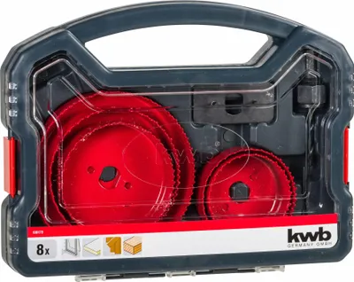A set of red hole saws in a dark gray plastic carrying case.