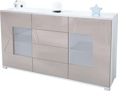 Produktbild von Vladon Sideboard Grömitz V1, Kommode mit 2 großen Türen und 4 Schubladen, Weiß matt/Sandgrau Hochglanz (138,5 x 75,5 x 35)