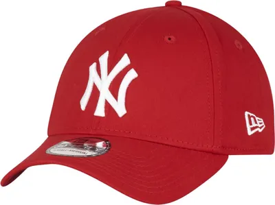 A red New York Yankees baseball cap with a white 'NY' logo.