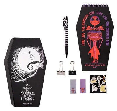 Obrázok produktu pre Darčekový set The Nightmare Before Christmas- Školské potreby (propiská, samolepky, zápisník, spony)