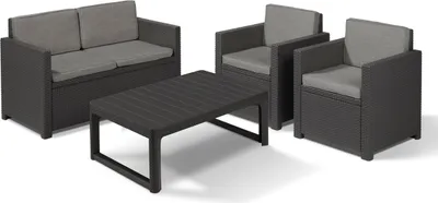 Produktbild von Allibert by Keter Loungemöbel Victoria, Rattanoptik, anthrazit, wetterfest, Premium, 4-Sitzer Set (2-Sitzer, 2 Sessel, Tisch) inkl. Kissen, höhenverstellbar