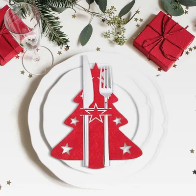 Produktbild von 12 Stück Besteckhalter Weihnachten,Filz Bestecktasche Tischdeko Weihnachtsbaum Besteck Deko Bestecktaschen Tannenbaum Weihnachts Tisch Besteckbeutel Set,für Weihnachtstisch Cutlery Messer (Rot)