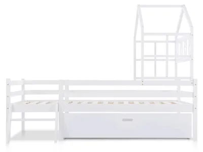 Productafbeelding van Kinderbed met huisvorm - Enkelbed van massief hout - 90 x 200 cm - Stevige klimladder - Ruime lades - Zonder matras - Wit