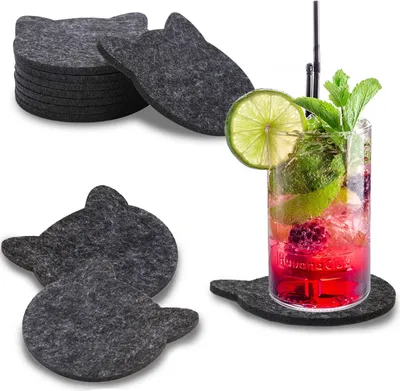 Produktbild von wortek Filz Untersetzer - Deko Tischset I Filzdeckel für Getränke, Tassen, Bar & Tisch, 8er Set I 10cm I Katzenform, Dunkelgrau