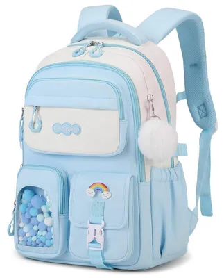 Immagine prodotto di Zaino per bambine con pompon, passante per trolley, elementi riflettenti, idrorepellente, colore blu