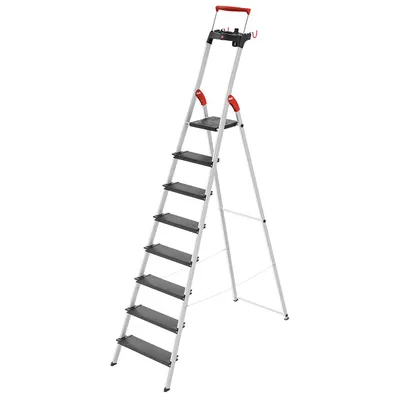 Produktbild von Hailo L100 Topline Alu-Sicherheits-Stehleiter - 8 XXL-Stufen bis 150 kg - Stehleiter mit ausziehbarem Haltebügel, Plattformverriegelung - viel Zubehör - klappbare Aluleiter  Germany - schwarz