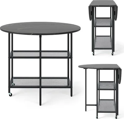 A product shot of a foldable dining table with shelves, shown in multiple configurations.