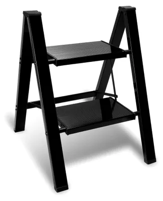 Produktbild von Trittleiter, Klapptrittleiter 2 Stufen, Leicht Stehleiter, Aluminium Tritthocker, rutschfeste Leiter mit Klappsicherung, Klappleiter für Haushalt, Küche, Belastbar bis 150kg, Schwarz
