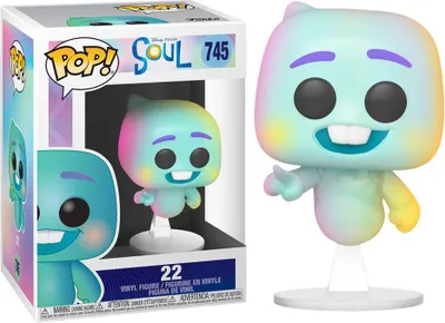 A Funko Pop! vinyl figure of the character 22 from Disney Pixar's Soul, shown in its packaging and also displayed outside of it.