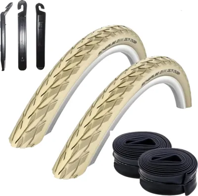Produktbild von 2 x Schwalbe Delta Cruiser Plus Fahrradreifen Decke in Creme mit Reflex 37-590 (26 x 1 3/8) + 2 Schwalbe Schläuche SV12 inkl. Reifenheber