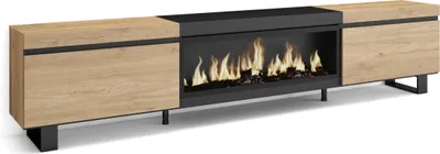 Produktbild von TV-Schrank, Lowboard, 267x35x57 cm, Für großformatiges TV, Elektrokamin XXL, Industriedesign, Eiche Schwarz