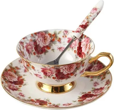 Immagine prodotto di Tazza da caffè in porcellana con piattino, motivo floreale, bianca e rossa