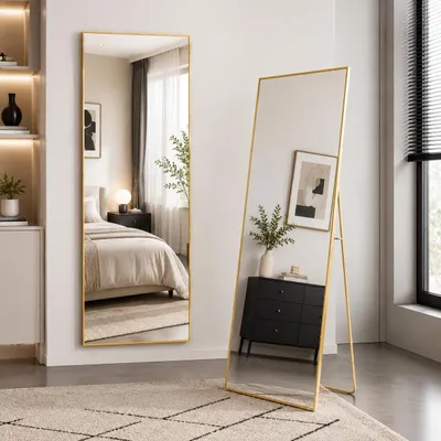 Zdjęcie produktu dla Lustro stojące INONEFT, panoramiczne, 173 x 63 cm, zakrzywione, do montażu na ścianie lub do postawienia, idealne do sypialni i salonu, kolor czarny, Obraz wygenerowany przez AI