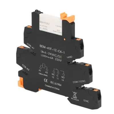Obrázek produktu pro DC řízené AC ultratenké relé, montáž na DIN lištu, polovodičový reléový modul, SPDT kontakt, 6 A, 6–24 V