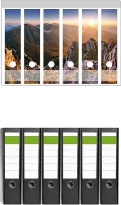 Produktbild von Wallario 6 Stück breite Ordner inkl. Klebeetiketten mit Motive Berglandschaft mit Sonnenuntergang in der Slowakei -  Set mit Rückenschildern / Ordnerrücken Stickern