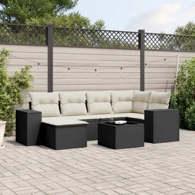 Produktbild von Design 7-tlg. Garten-Sofagarnitur mit Kissen Schwarz Poly Rattan, Gartenmöbel-Sets 2024 Neu