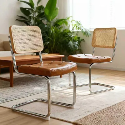 Productafbeelding van Set van 2 eetkamerstoelen van kunstleer met chromen poten, in mid-century design, geschikt voor keuken of woonkamer, kleur bruin