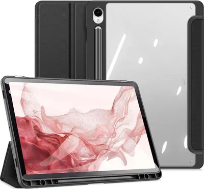A tablet case is shown in two configurations: one standing up and one lying flat.